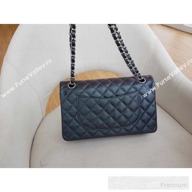 Chanel Medium Iridescent Quilted Grained Leather Classic Flap Bag Black/Silver 2019 (FM-9060655)