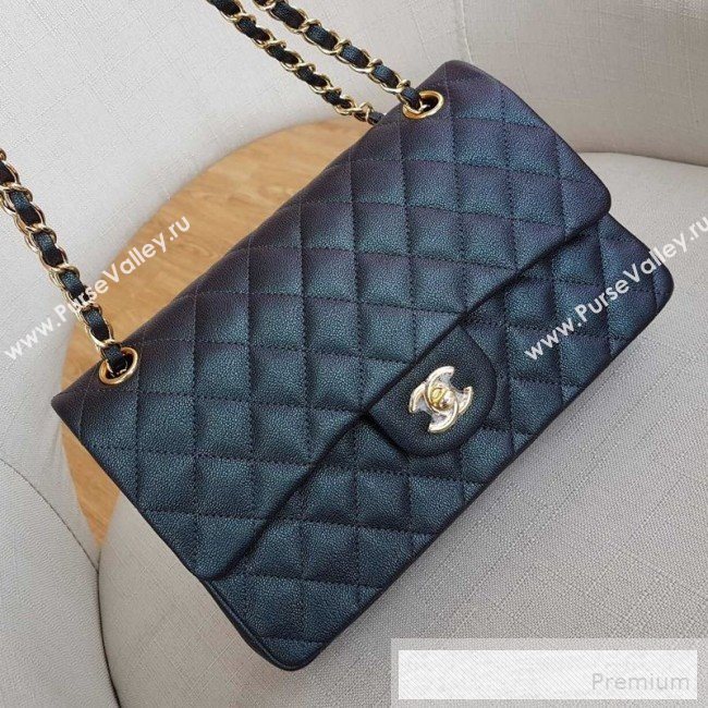 Chanel Medium Iridescent Quilted Grained Leather Classic Flap Bag Black/Gold 2019 (FM-9060656)