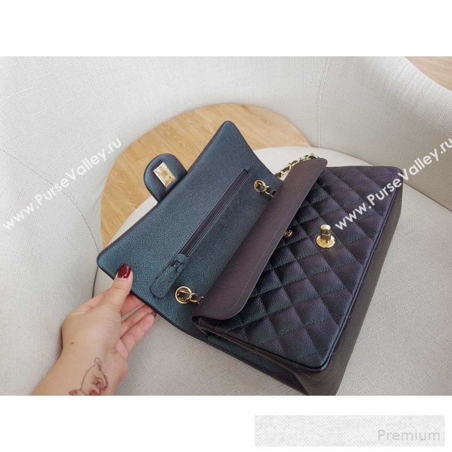 Chanel Medium Iridescent Quilted Grained Leather Classic Flap Bag Black/Gold 2019 (FM-9060656)