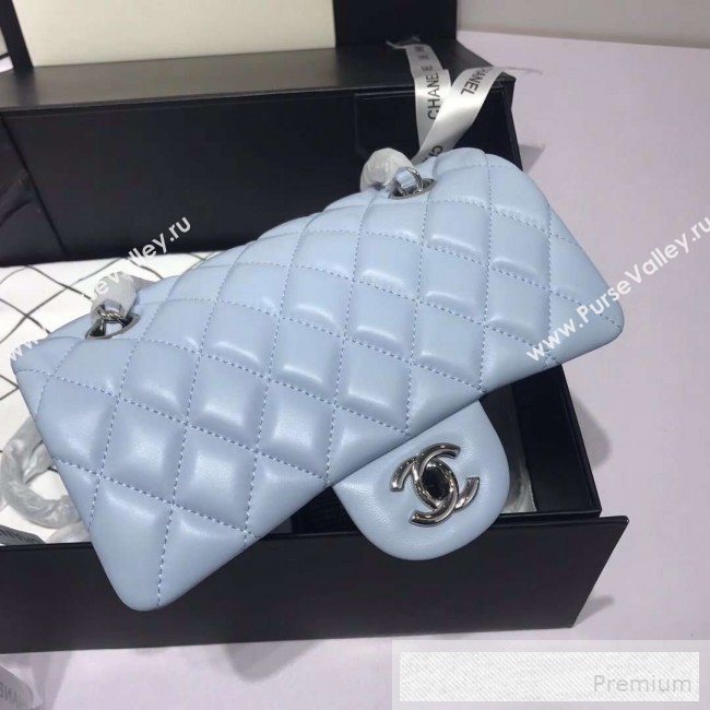 Chanel Quilted Lambskin Mini Classic Flap Bag A01116 Light Blue/Silver (KAIS-9060363)