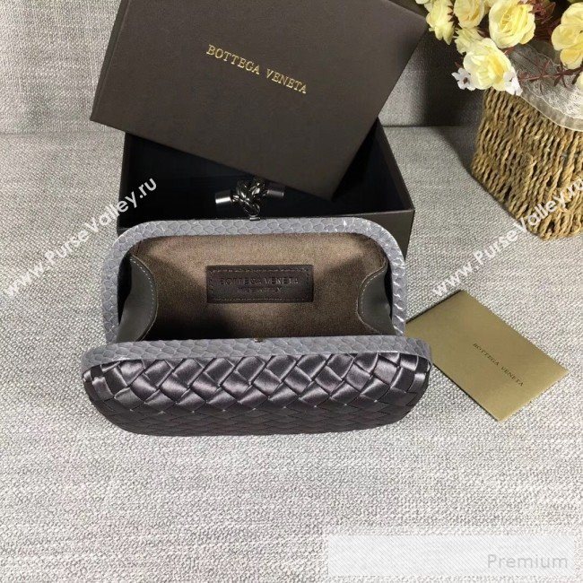 Bottega Veneta Small Silk Woven Knot Clutch with Snakeskin Trim Dark Grey (WANT-90605108)