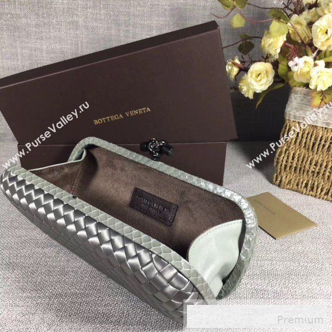Bottega Veneta Large Silk Woven Knot Clutch with Snakeskin Trim Silver (WANT-90605119)