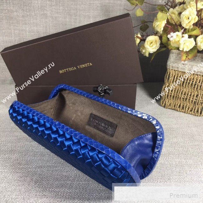Bottega Veneta Large Silk Woven Knot Clutch with Snakeskin Trim Navy Blue (WANT-9060602)