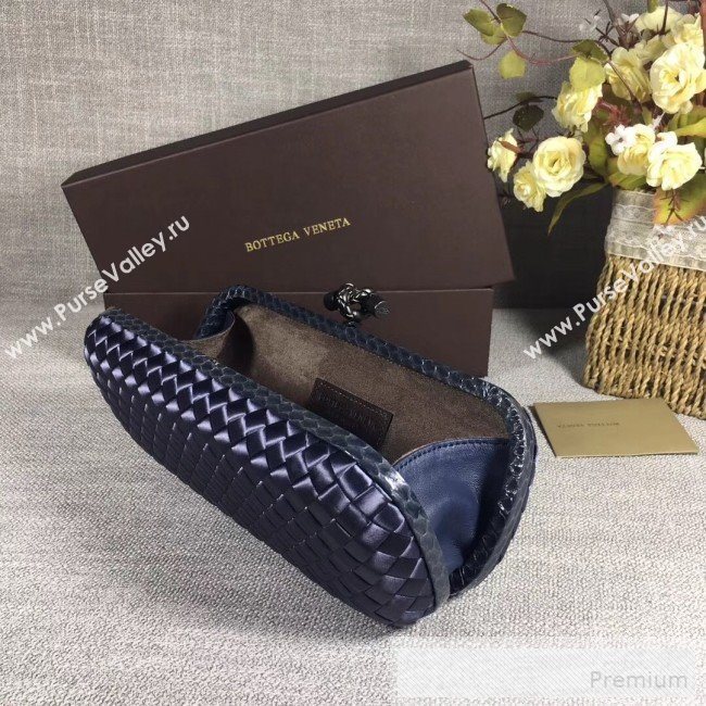 Bottega Veneta Large Silk Woven Knot Clutch with Snakeskin Trim Dark Blue (WANT-9060606)