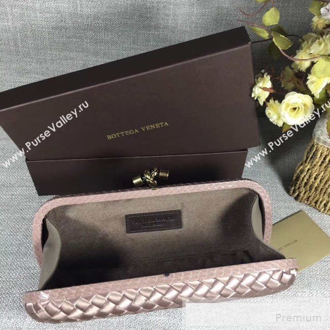 Bottega Veneta Large Silk Woven Knot Clutch with Snakeskin Trim Light Grey (WANT-9060607)