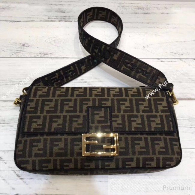 Fendi FF Fabric Large Baguette Flap Bag Brown/Black 2019 (SUSU-9060619)