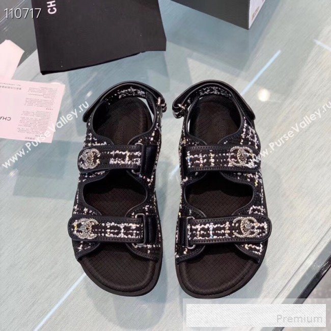 Chanel Tweed Flat Sandals G34726 Black 2019 (1028-9060576)