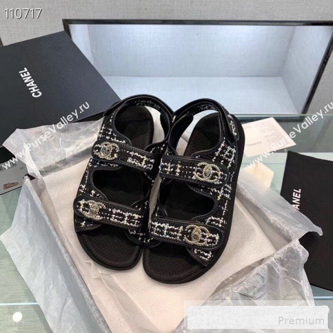 Chanel Tweed Flat Sandals G34726 Black 2019 (1028-9060576)