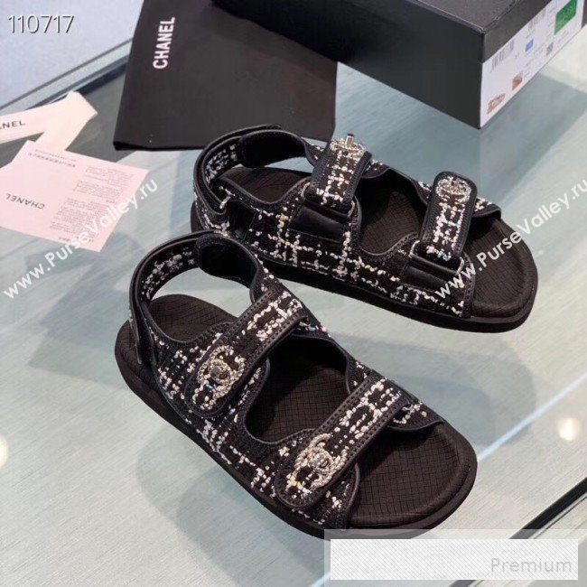 Chanel Tweed Flat Sandals G34726 Black 2019 (1028-9060576)