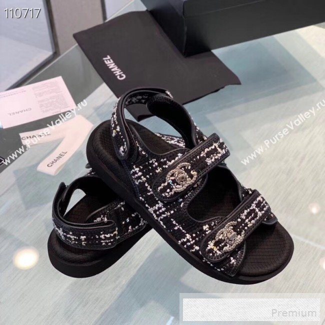 Chanel Tweed Flat Sandals G34726 Black 2019 (1028-9060576)