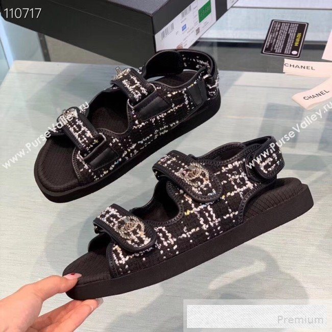 Chanel Tweed Flat Sandals G34726 Black 2019 (1028-9060576)