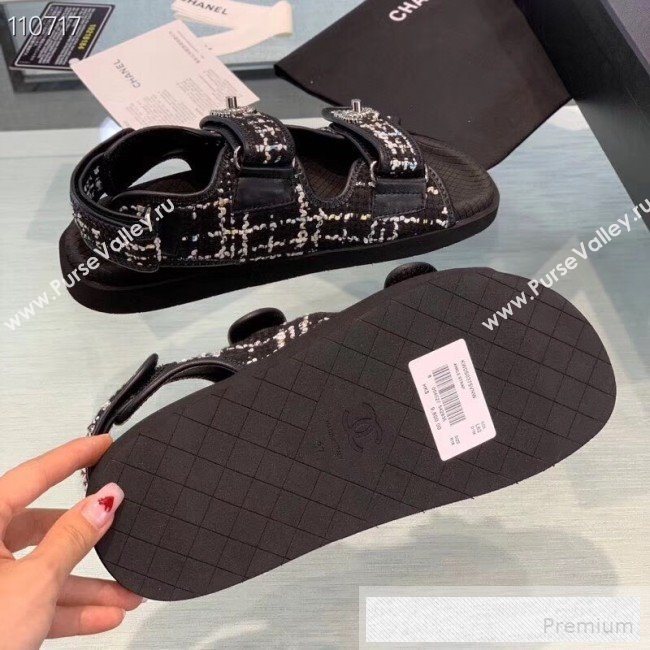 Chanel Tweed Flat Sandals G34726 Black 2019 (1028-9060576)