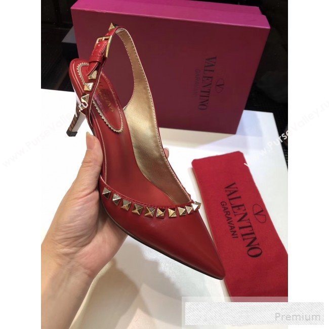 Valentino Rockstud Trim Slingback Mid-Heel Pump Red 2019 (XINL-9060581)