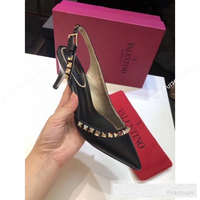 Valentino Rockstud Trim Slingback Mid-Heel Pump Black 2019 (XINL-9060582)