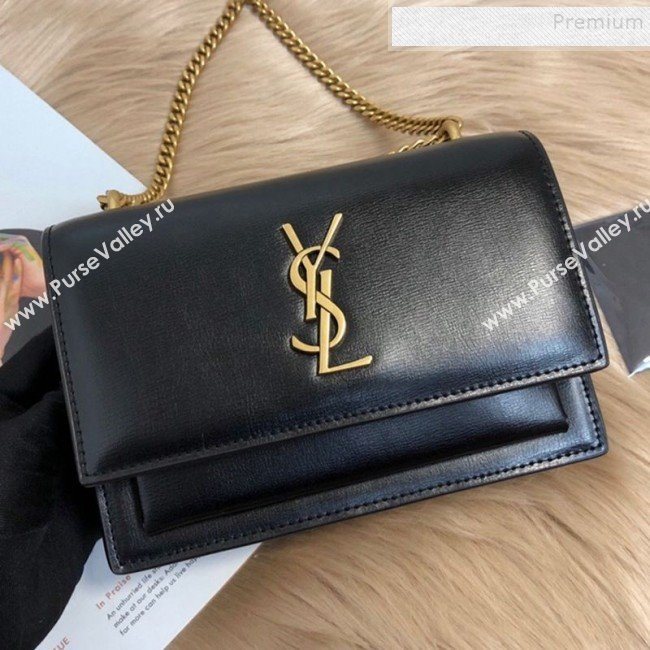 Saint Laurent Sunset Chain Wallet in Toothpick Grained Leather 452157 Black/Gold 2019 (KTSD-9082012)