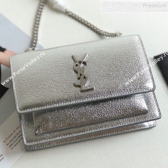 Saint Laurent Sunset Chain Wallet in Crystal-Grained Metallic Leather 452157 Silver 2019 (KTSD-9082014)