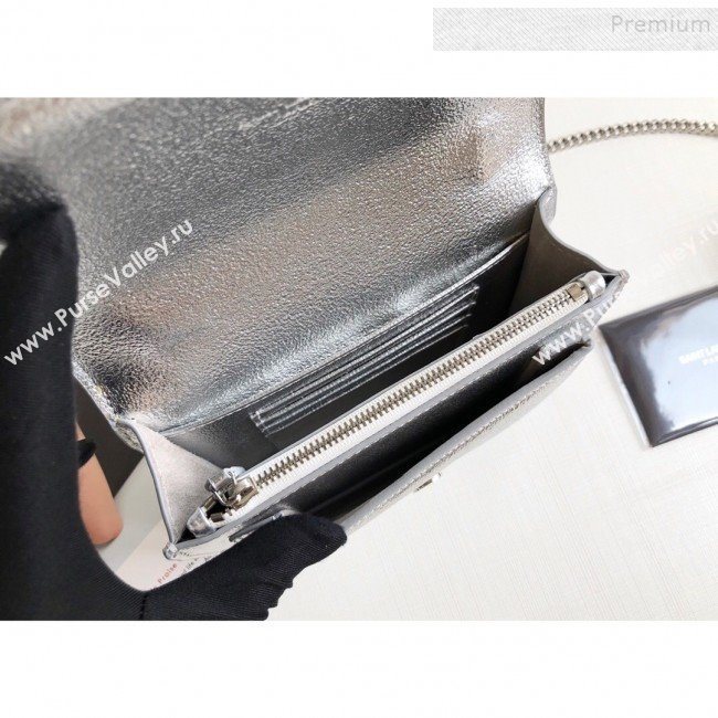 Saint Laurent Sunset Chain Wallet in Crystal-Grained Metallic Leather 452157 Silver 2019 (KTSD-9082014)