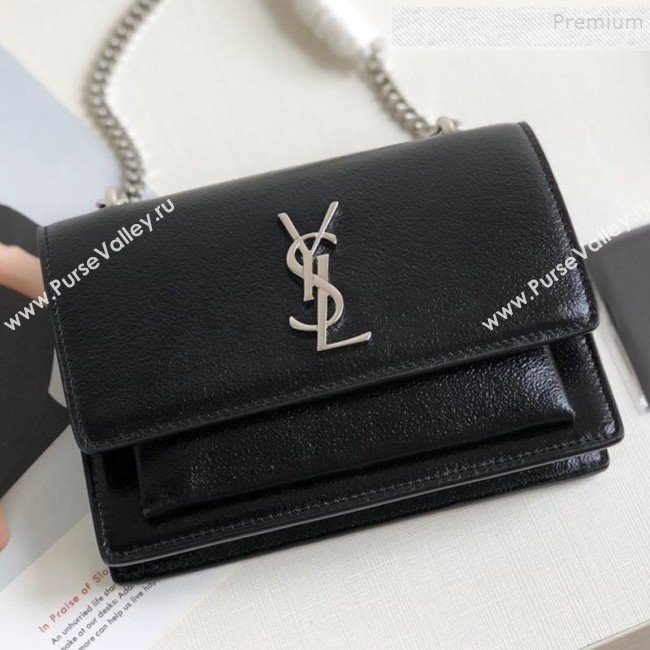 Saint Laurent Sunset Chain Wallet in Crystal-Grained Leather 452157 Black/Silver 2019 (KTSD-9082016)