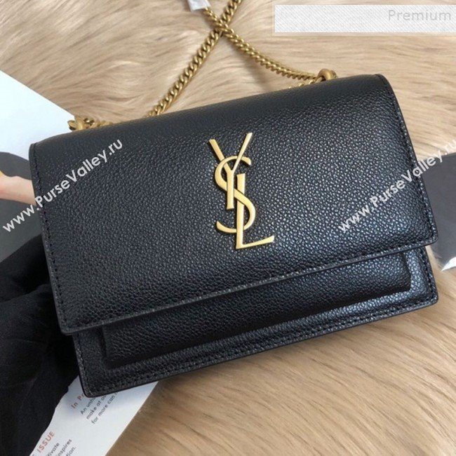 Saint Laurent Sunset Chain Wallet in Crystal-Grained Leather 452157 Black/Gold 2019 (KTSD-9082017)