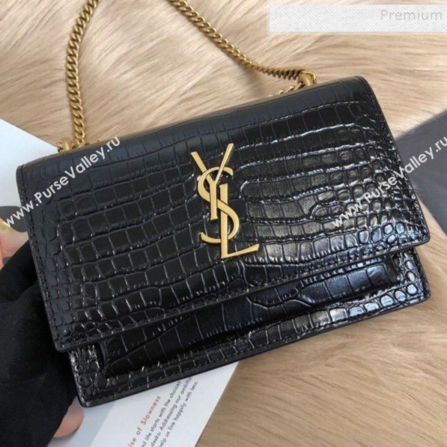 Saint Laurent Sunset Chain Wallet in Crocodile Embossed Leather 452157 Black/Gold 2019 (KTSD-9082019)