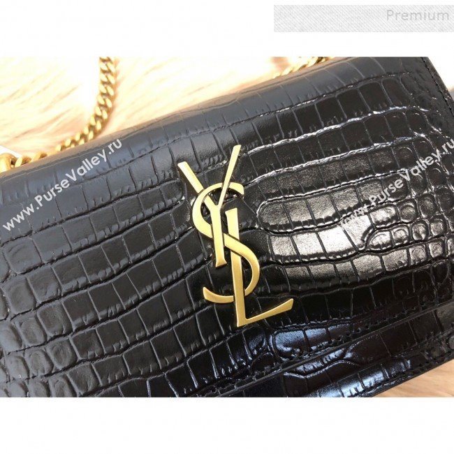 Saint Laurent Sunset Chain Wallet in Crocodile Embossed Leather 452157 Black/Gold 2019 (KTSD-9082019)