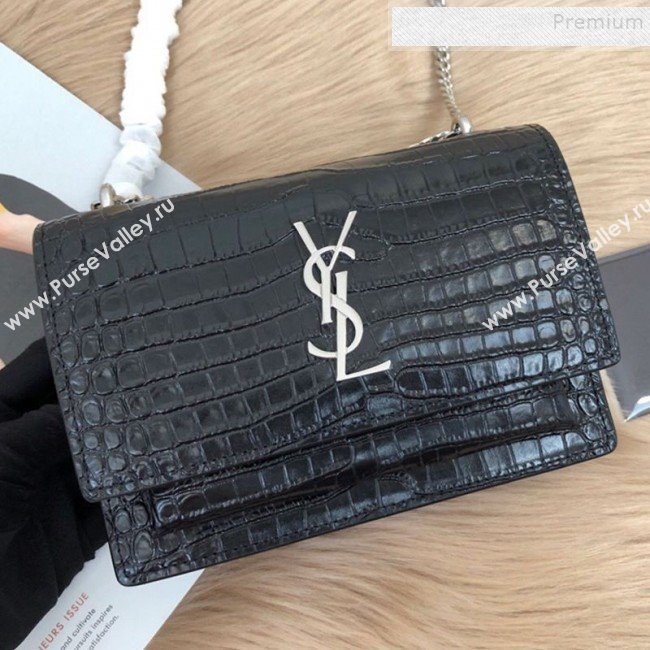 Saint Laurent Sunset Chain Wallet in Crocodile Embossed Leather 452157 Black/Silver 2019 (KTSD-9082018)