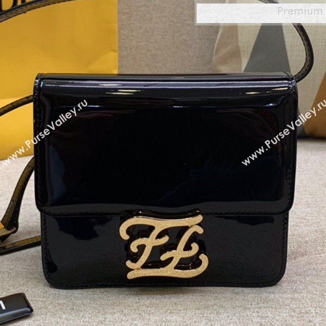 Fendi Karligraphy FF Button Flap Bag in Patent Leather Black 2019 (HONGS-9081954)