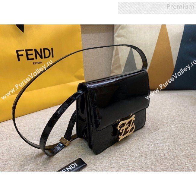 Fendi Karligraphy FF Button Flap Bag in Patent Leather Black 2019 (HONGS-9081954)