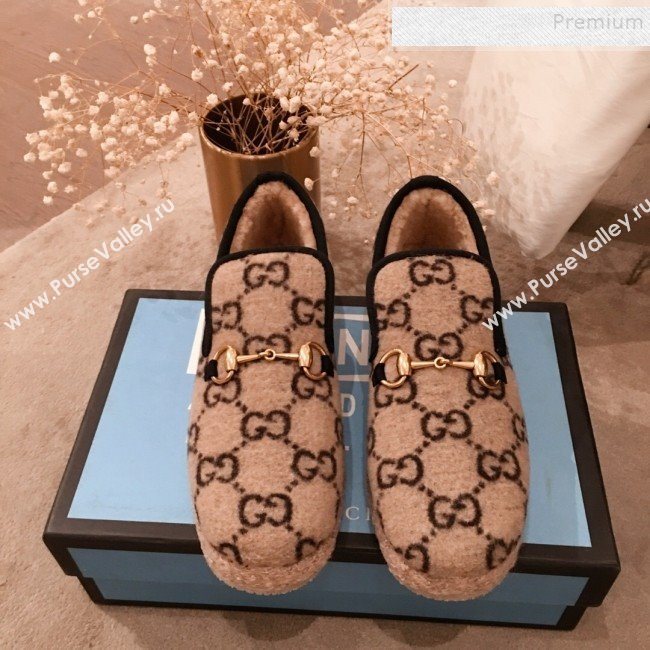 Gucci GG Wool Lining Flat Horsebit Loafers ‎575850 Beige 2019 (For Women and Men) (HQG-9082206)