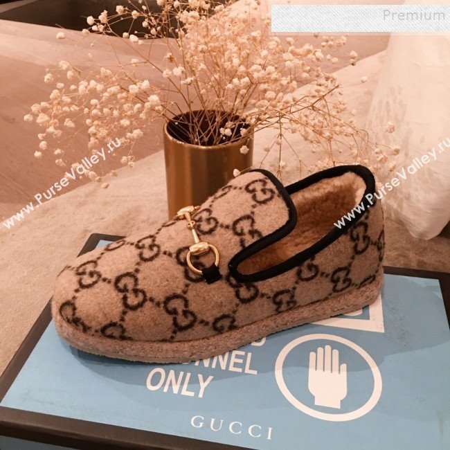 Gucci GG Wool Lining Flat Horsebit Loafers ‎575850 Beige 2019 (For Women and Men) (HQG-9082206)