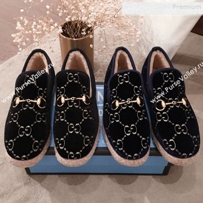 Gucci GG Wool Lining Flat Horsebit Loafers ‎575850 Black/Dark Blue 2019 (For Women and Men) (HQG-9082209)