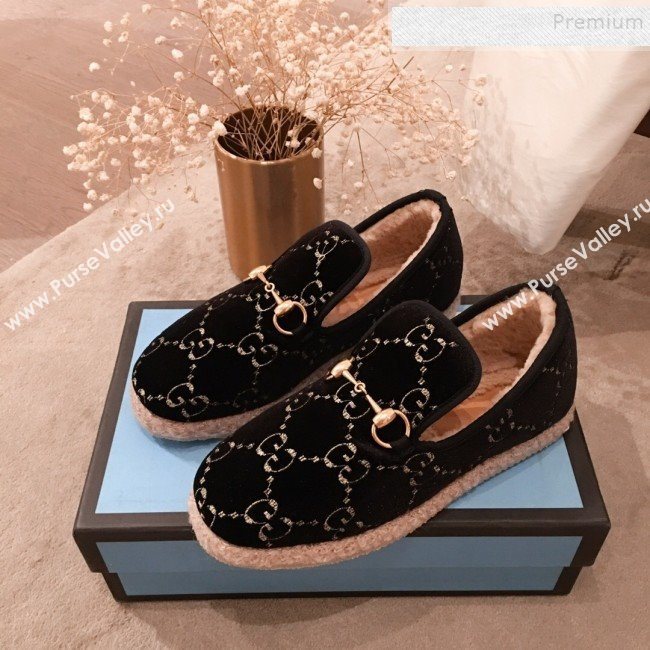 Gucci GG Wool Lining Flat Horsebit Loafers ‎575850 Black/Dark Blue 2019 (For Women and Men) (HQG-9082209)