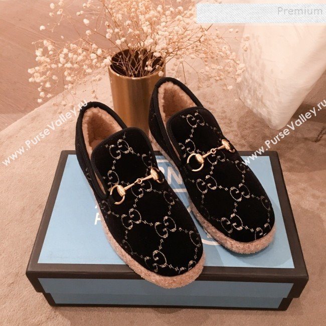 Gucci GG Wool Lining Flat Horsebit Loafers ‎575850 Black/Dark Blue 2019 (For Women and Men) (HQG-9082209)