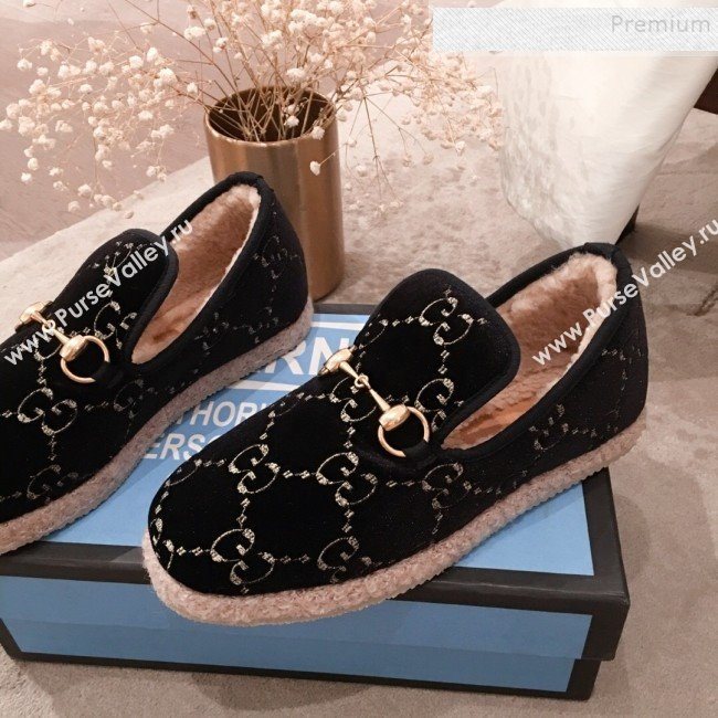 Gucci GG Wool Lining Flat Horsebit Loafers ‎575850 Black/Dark Blue 2019 (For Women and Men) (HQG-9082209)
