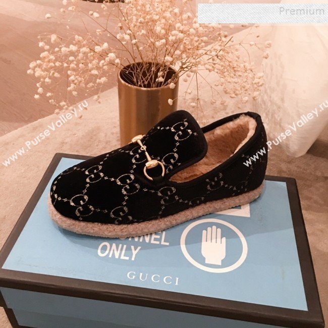 Gucci GG Wool Lining Flat Horsebit Loafers ‎575850 Black/Dark Blue 2019 (For Women and Men) (HQG-9082209)