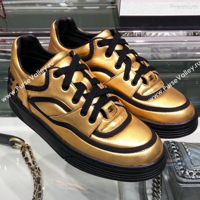 Chanel Metallic Lambskin Low-Top Sneakers G35063 Gold/Black 2019 (XO-9082125)