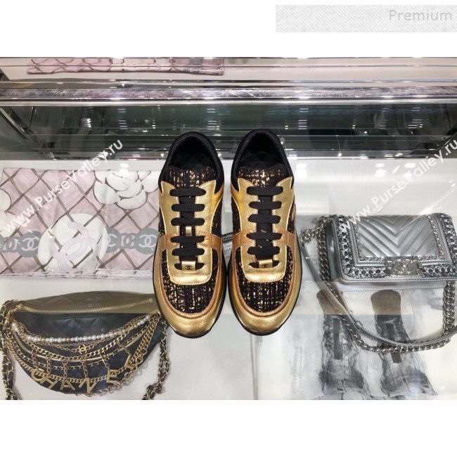 Chanel Metallic Leather and Tweed Low-Top Sneakers G35060 Black/Gold 2019 (XO-9082133)