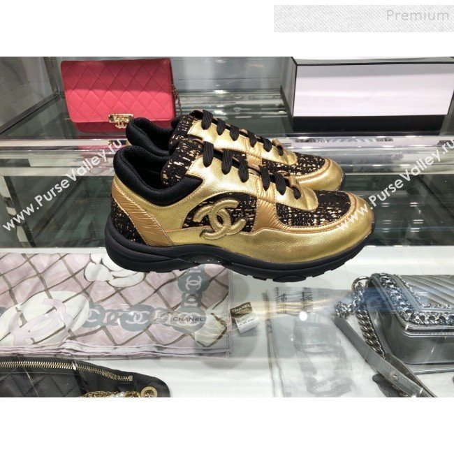 Chanel Metallic Leather and Tweed Low-Top Sneakers G35060 Black/Gold 2019 (XO-9082133)