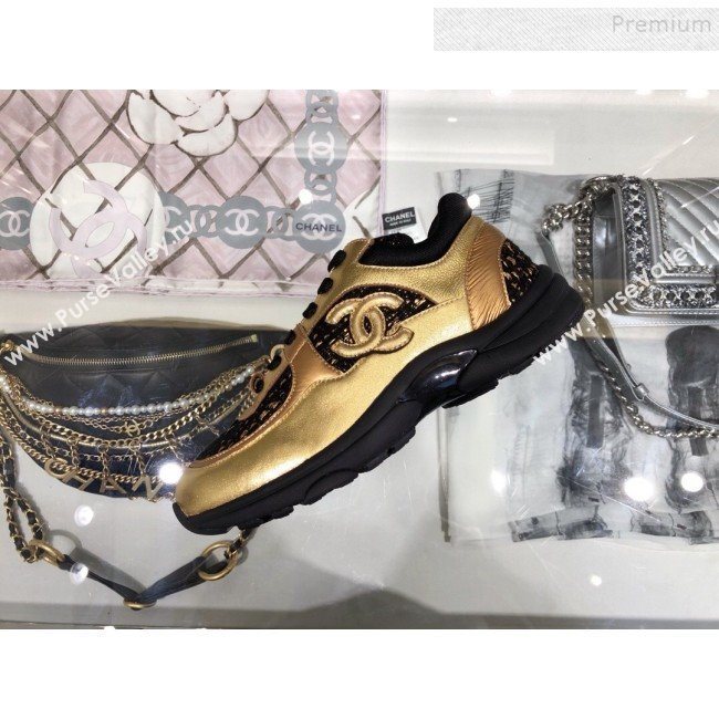 Chanel Metallic Leather and Tweed Low-Top Sneakers G35060 Black/Gold 2019 (XO-9082133)