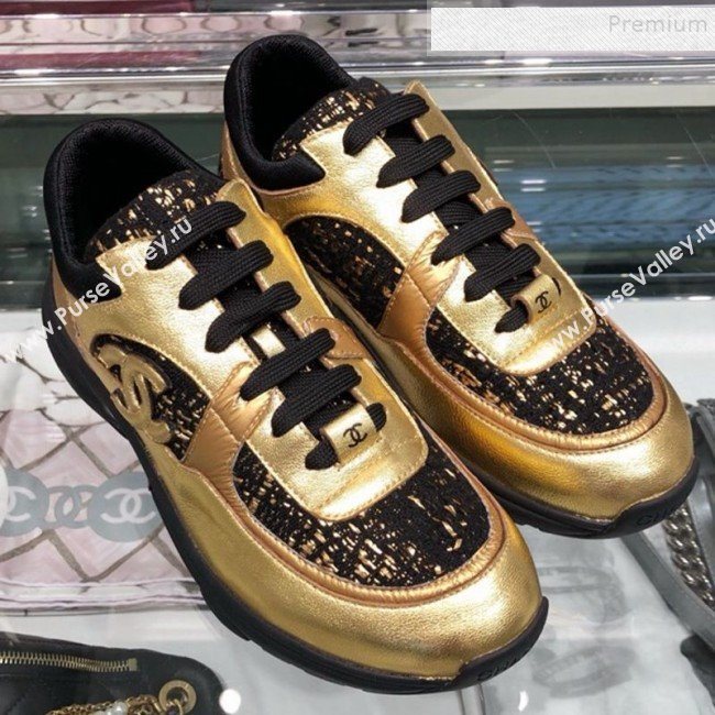 Chanel Metallic Leather and Tweed Low-Top Sneakers G35060 Black/Gold 2019 (XO-9082133)