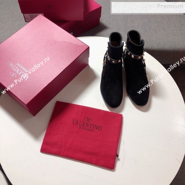 Valentino Suede Rockstud Strap Flat Ankle Short Boots Black 2019 (DLY-9082143)