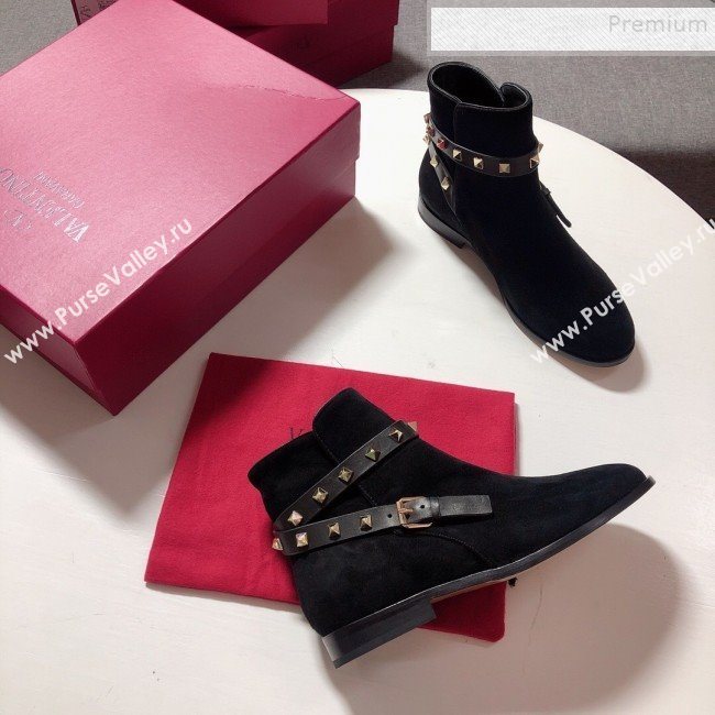 Valentino Suede Rockstud Strap Flat Ankle Short Boots Black 2019 (DLY-9082143)