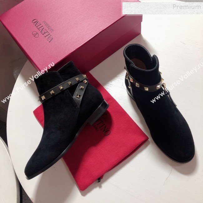 Valentino Suede Rockstud Strap Flat Ankle Short Boots Black 2019 (DLY-9082143)