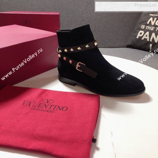 Valentino Suede Rockstud Strap Flat Ankle Short Boots Black 2019 (DLY-9082143)