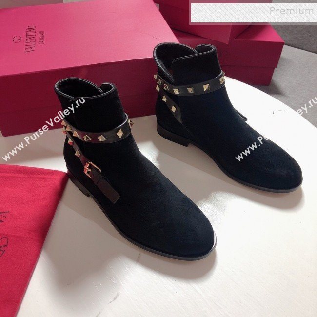 Valentino Suede Rockstud Strap Flat Ankle Short Boots Black 2019 (DLY-9082143)
