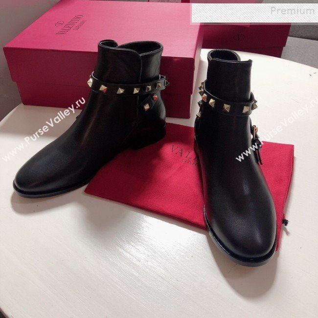 Valentino Calfskin Rockstud Strap Flat Ankle Short Boots Black 2019 (DLY-9082142)