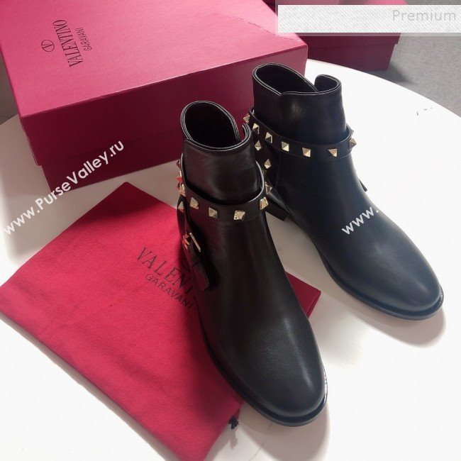 Valentino Calfskin Rockstud Strap Flat Ankle Short Boots Black 2019 (DLY-9082142)
