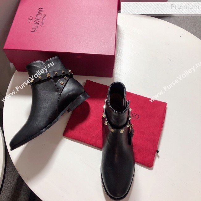 Valentino Calfskin Rockstud Strap Flat Ankle Short Boots Black 2019 (DLY-9082142)
