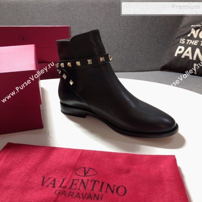 Valentino Calfskin Rockstud Strap Flat Ankle Short Boots Black 2019 (DLY-9082142)