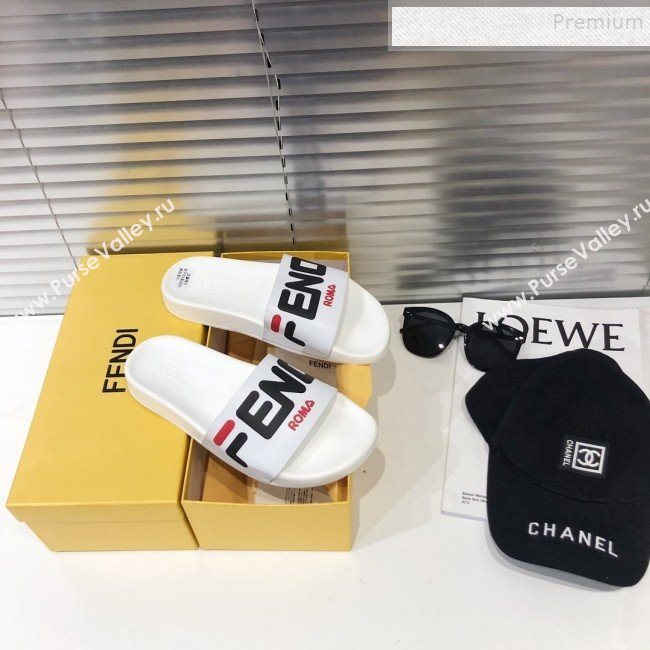 Fendi Roma Logo Flat Slide Sandals White 2019 (For Women and Men) (DLY-9082145)